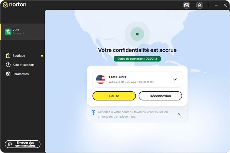 Capture d'écran de Norton VPN en action.
