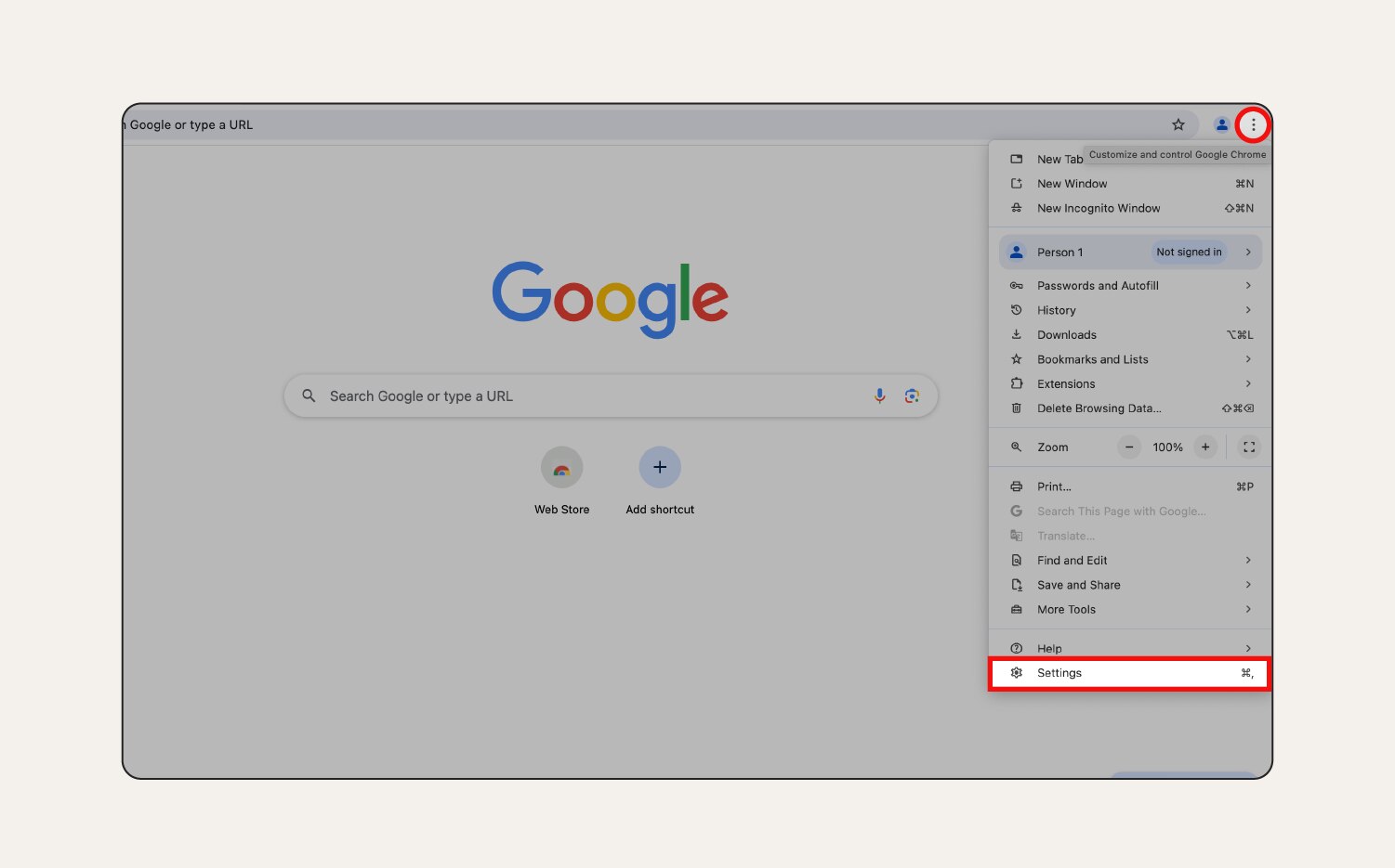Une capture d'écran montrant comment ouvrir le menu des options de Chrome.