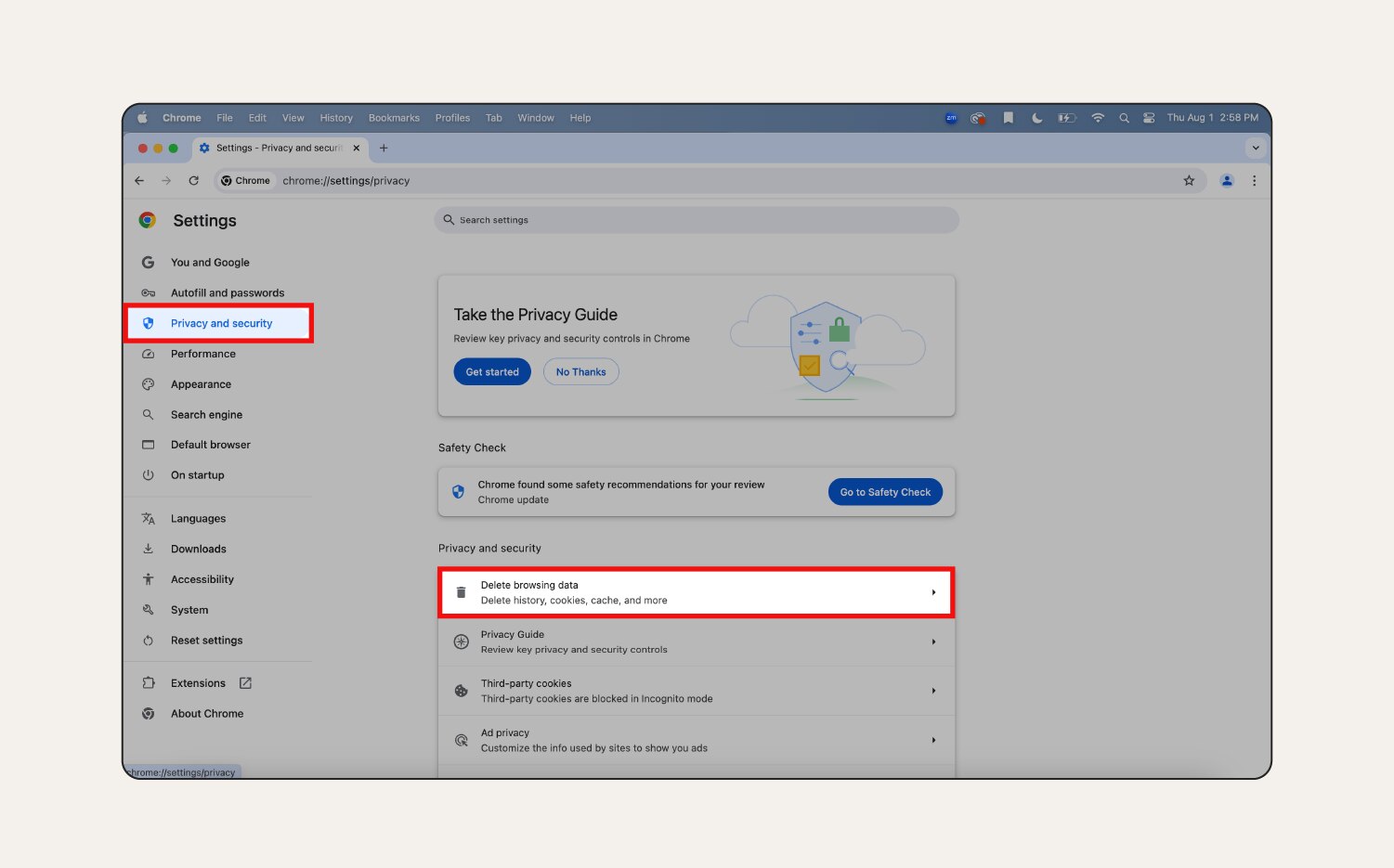 Une capture d'écran des paramètres « Confidentialité et sécurité » dans Chrome.