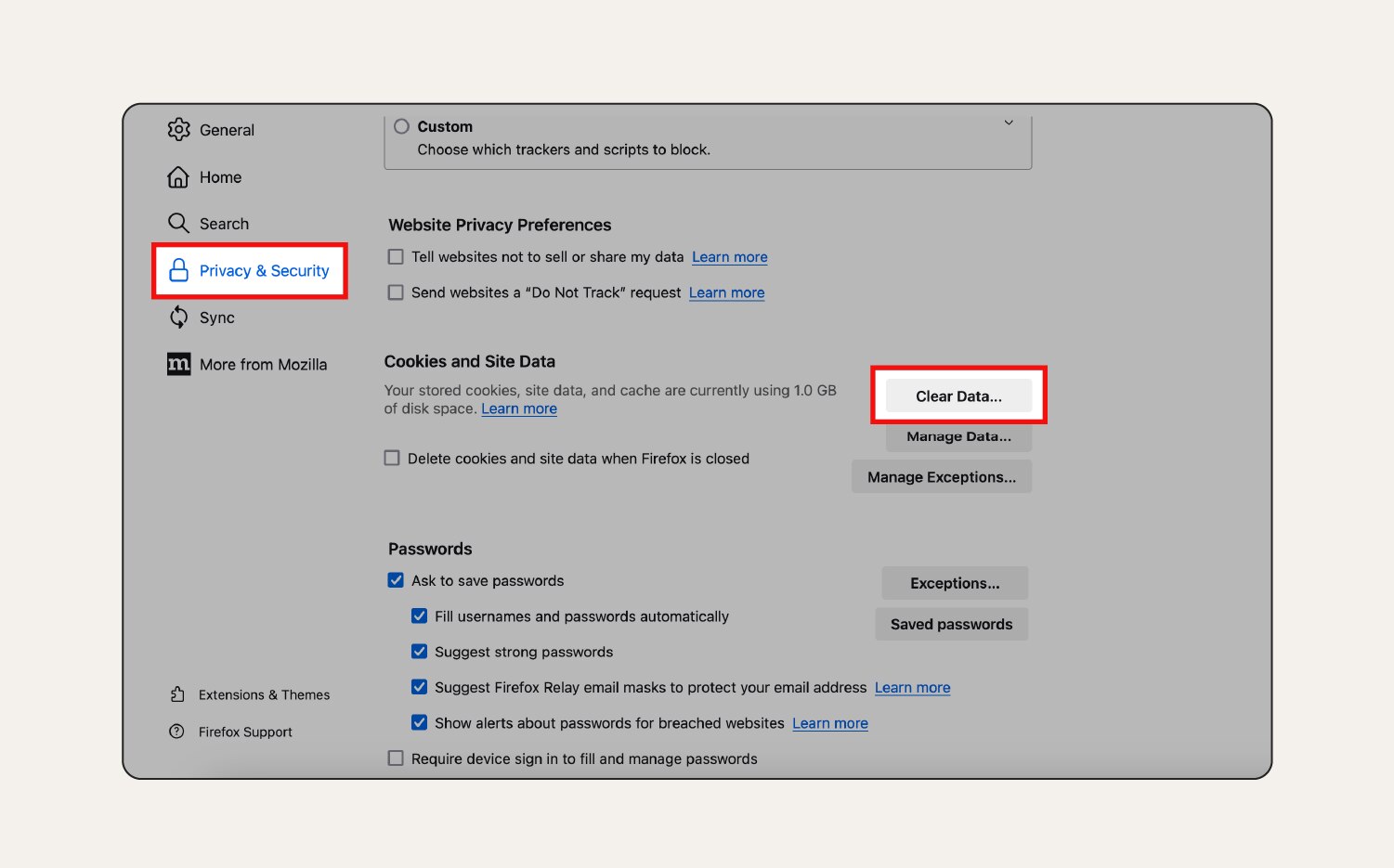 Une capture d'écran des paramètres « Vie privée et sécurité » de Firefox.