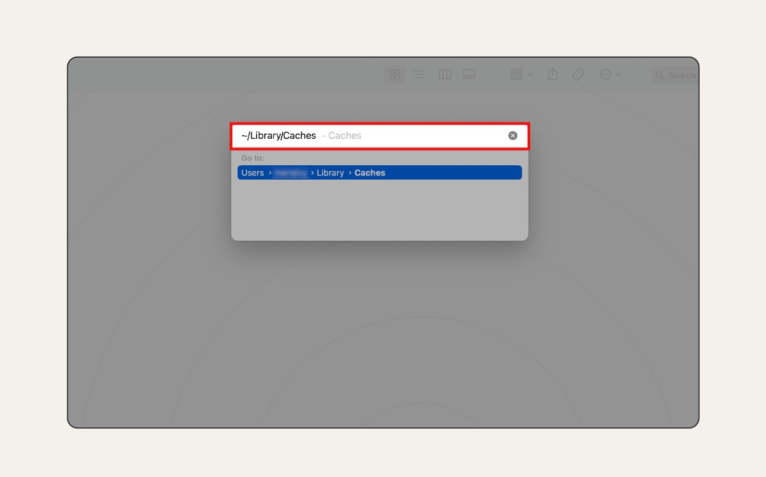 Une capture d'écran du résultat ~/Library/Caches dans le menu « Aller au dossier ».