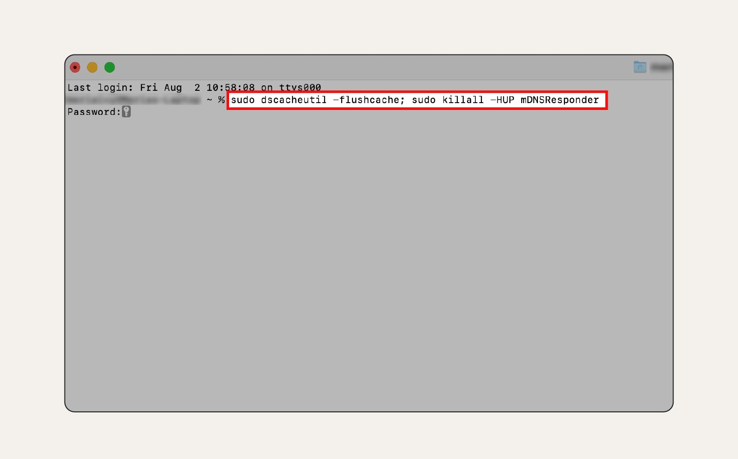 Une capture d'écran du code à saisir dans le Terminal pour vider le cache DNS sur Mac.