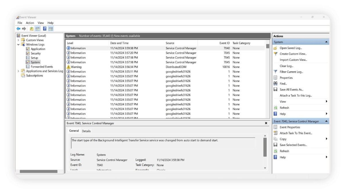 Capture d'écran de l'observateur d'événements sur un ordinateur Windows.