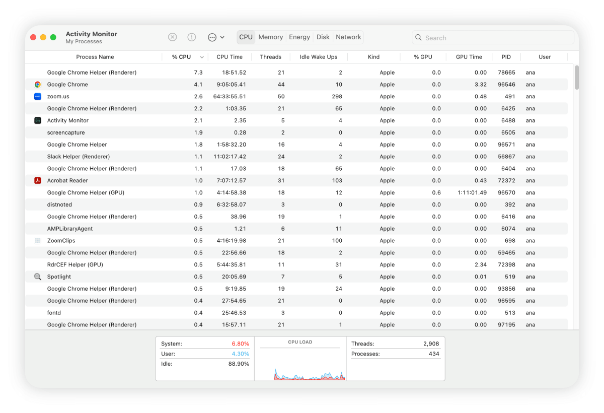 Capture d'écran des processus dans le moniteur d'activité d'un Mac.