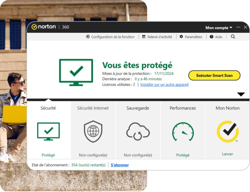 L'écran d'accueil de l'application Norton 360 Standard indique que l'appareil sur lequel l'application est installée est bien protégé.