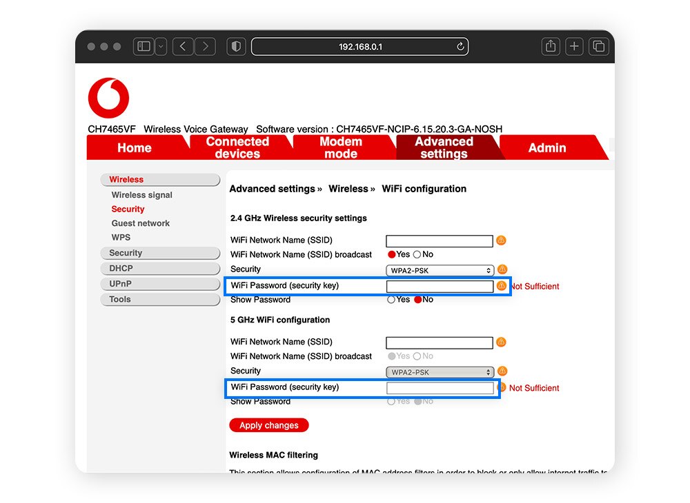 Fenêtre du navigateur web avec les paramètres du routeur pour modifier le mot de passe Wi-Fi.