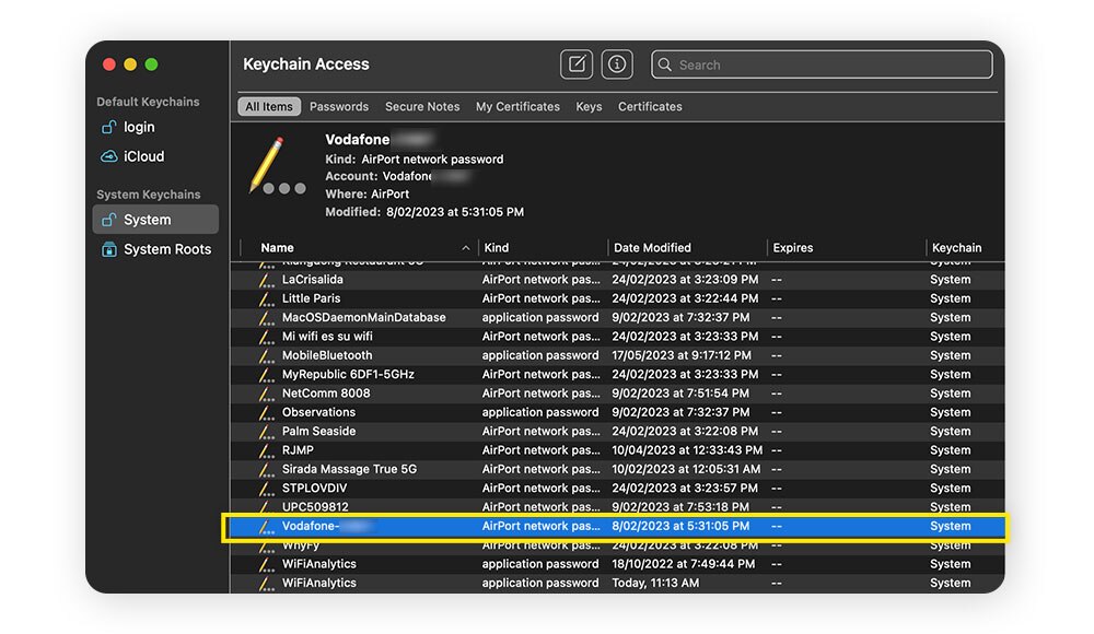 Fenêtre d'accès au trousseau de Mac avec un réseau Wi-Fi sélectionné dans une liste d'éléments.