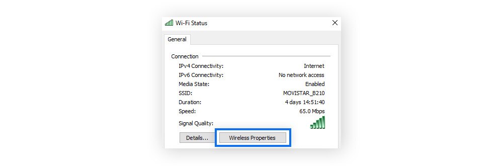 Cliquez sur Propriétés sans fil pour accéder à la boîte de dialogue contenant votre clé de sécurité pour le Wi-Fi