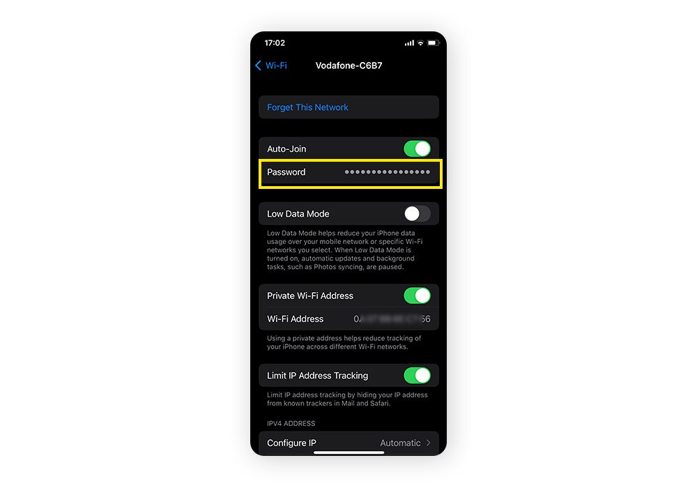Appuyez sur Mot de passe pour révéler la clé de sécurité Wi-Fi