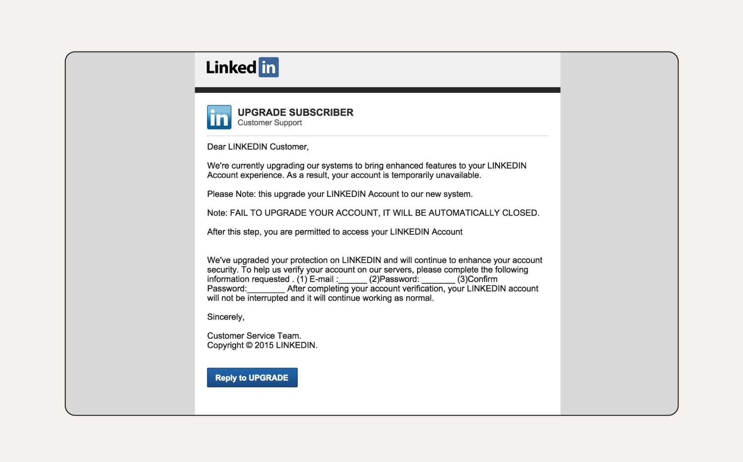 Un e-mail de phishing du réseau social LinkedIn.