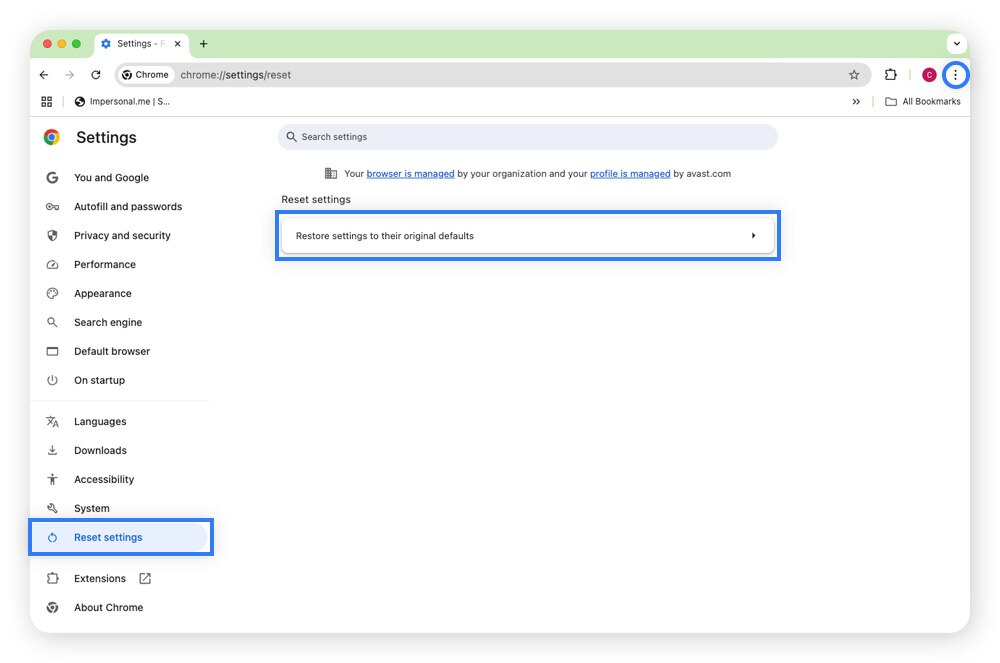 Réinitialisation des paramètres de Chrome pour supprimer un faux avertissement de sécurité de Windows Defender.