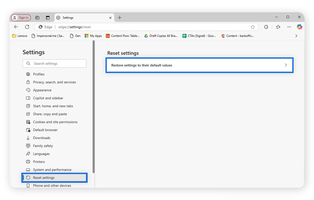 Réinitialisation des paramètres de Edge pour supprimer un faux avertissement de sécurité de Windows Defender.